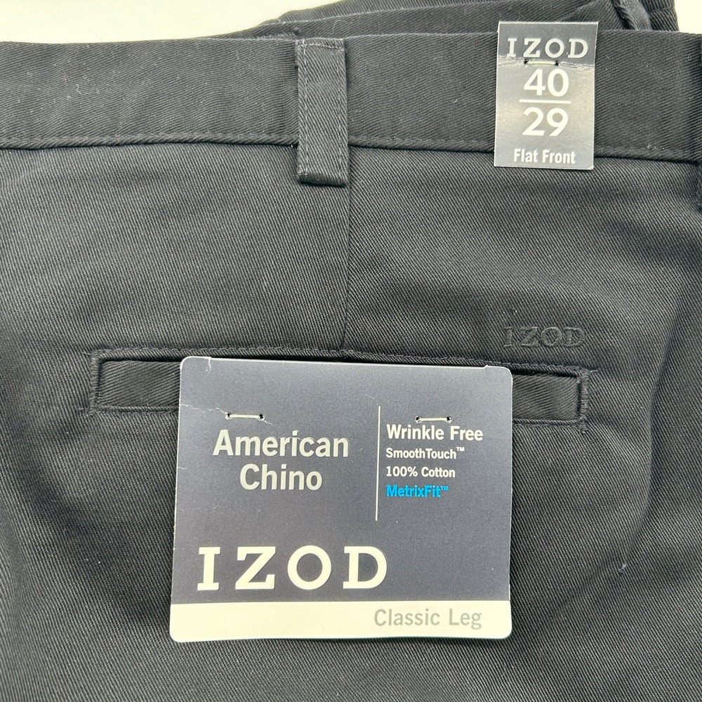 IZOD Mens American Chino Black Flat Front Pants 40x29 NWT FLAW Minimal Office